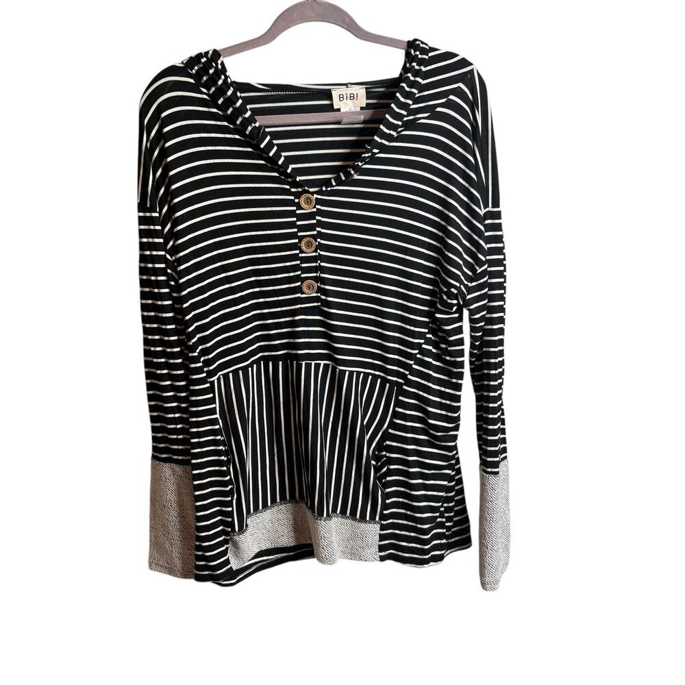 Bibi Women's Black and White Striped Hoodie Top Size M Oversized Casual Slouchy